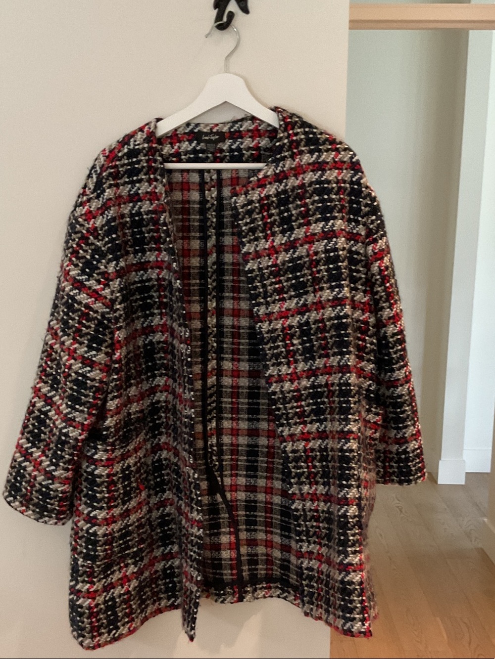 Lord & Taylor Plaid Tweed Open-Front Jacket - Red, Black & White